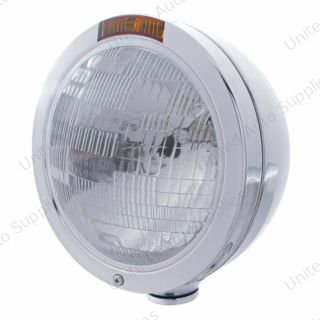 Stainless Steel Bullet Classic Headlight H6024 Bulb & Turn Signal - Amber Lens