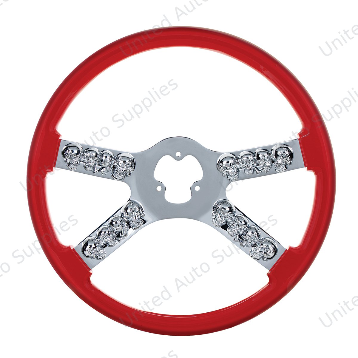 18" Chrome Steering Wheel With Skull Accent - Red