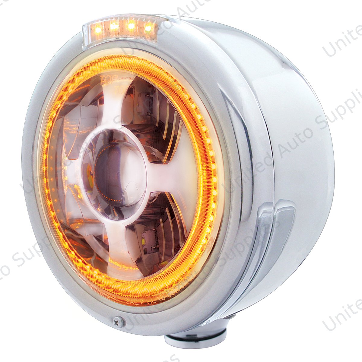Stainless Steel Bullet Half Moon Headlight LED Projection Headlight & LED Turn Signal - Clear Lens