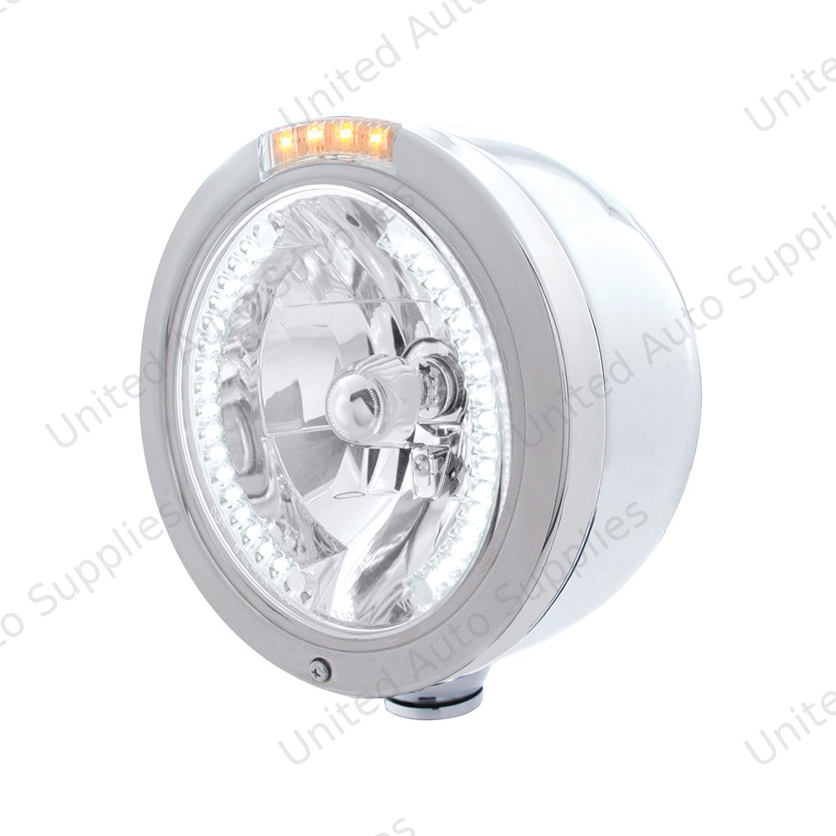 Stainless Steel Bullet Half Moon Headlight H4 With White LED & Signal - Clear Lens