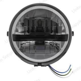Black 5-3/4" Motorcycle Headlight 8 LED Blackout Bulb With Black Bar - Side Mount