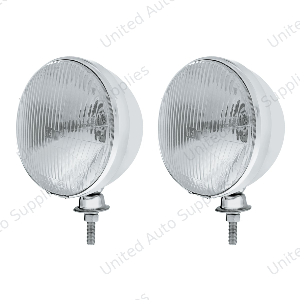 7" Stainless Dietz Style Headlight With 12 Volt Flat H4 Halogen Bulb (Pair)