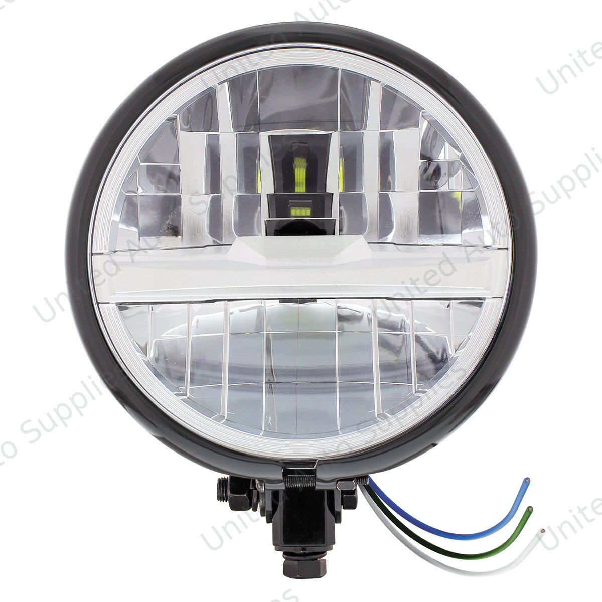Black 5-3/4" Motorcycle Headlight 8 LED Bulb With Silver Bar - Bottom Mount