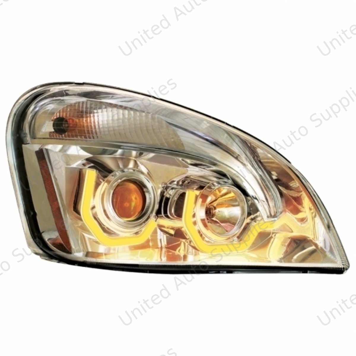 Chrome Projection Headlight W/Dual Function Amber LED Position Lights For 2008-17 FL Cascadia - Passenger