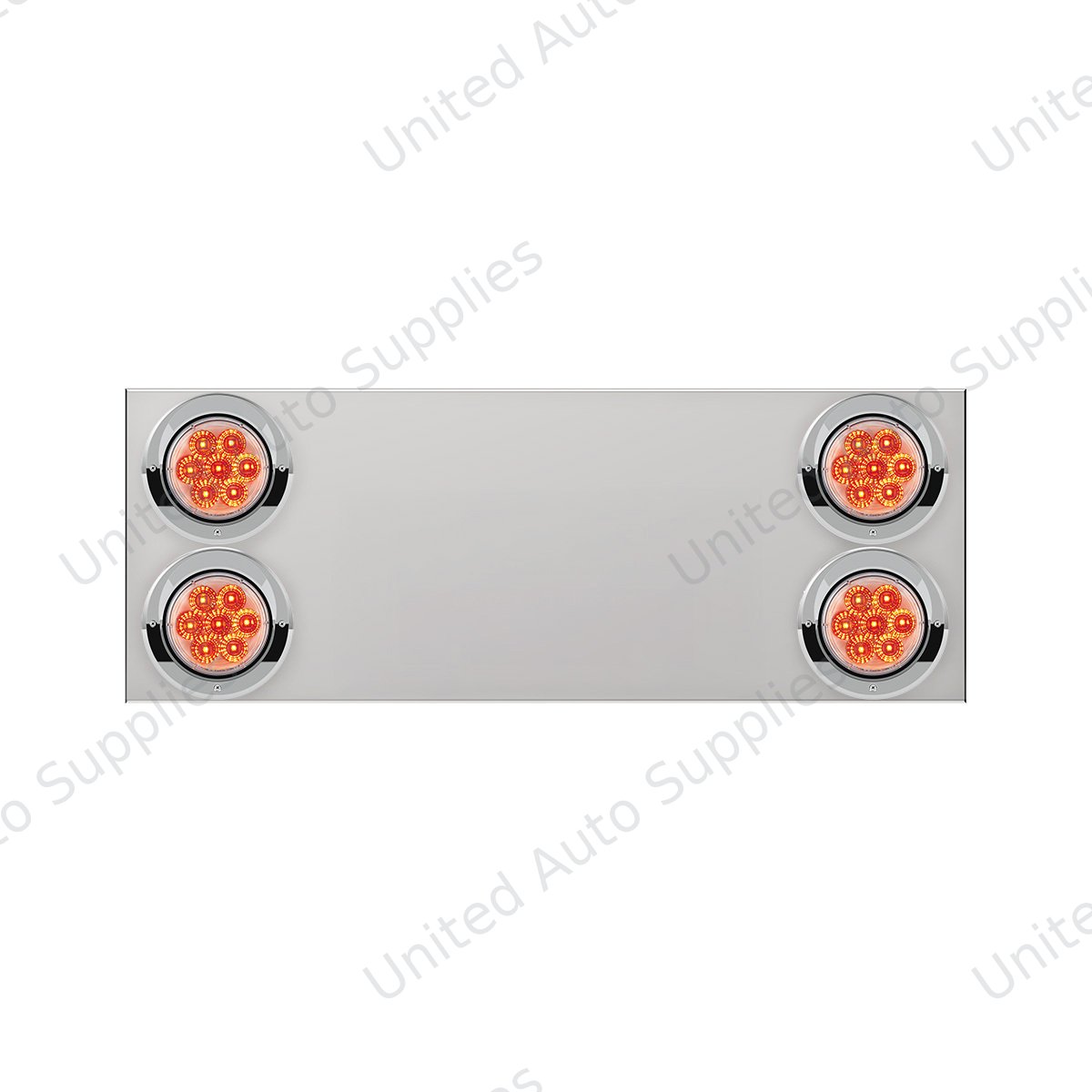 33-3/4" Stainless Rear Center Panel With Four 7 LED 4" Reflector Lights&Visors(No LP Holes)-Red LED/Clear Lens