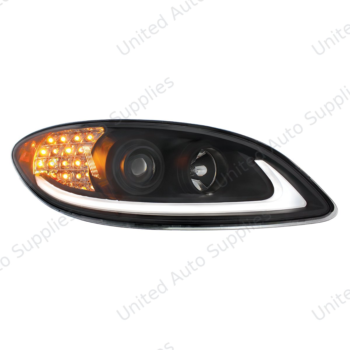 Black Projection Headlight With LED Turn Signal & Light Bar For 2006-2017 International Prostar - Passenger