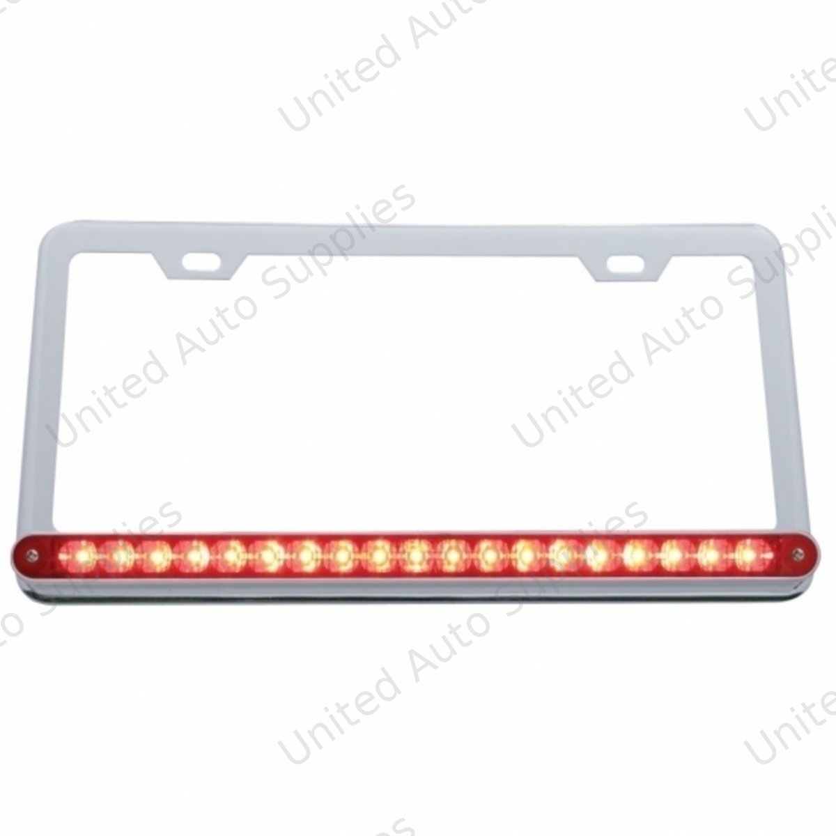 Chrome License Plate Frame With 19 LED 12" Reflector Light Bar - Red LED/Red Lens