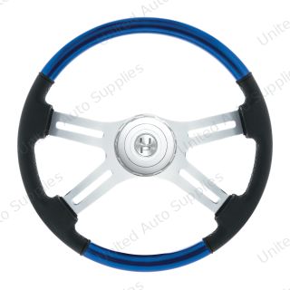 18" Leather & Wood Candy Color 4 Spoke Steering Wheel With Chrome Horn Bezel-Indigo Blue