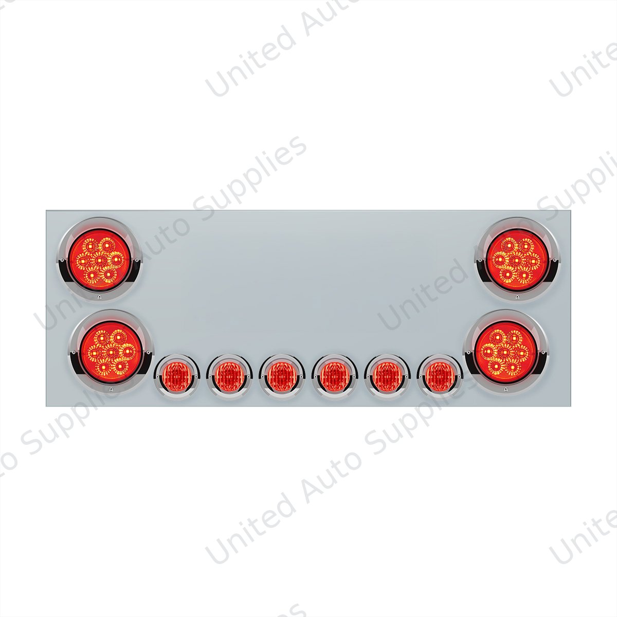SS Rear CP With 4X 7 LED 4" Reflector Lights & 6X 9 LED 2" Lights & Visors (No LP Holes)-Red LED & Lens