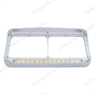 14 LED Chrome Rectangular Dual Headlight Bezel With Visor - Amber LED/Chrome Lens
