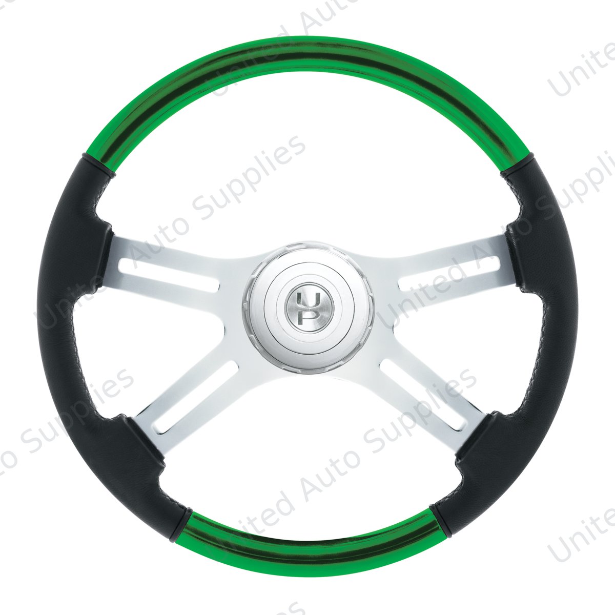18" Leather & Wood Candy Color 4 Spoke Steering Wheel With Chrome Horn Bezel-Emerald Green