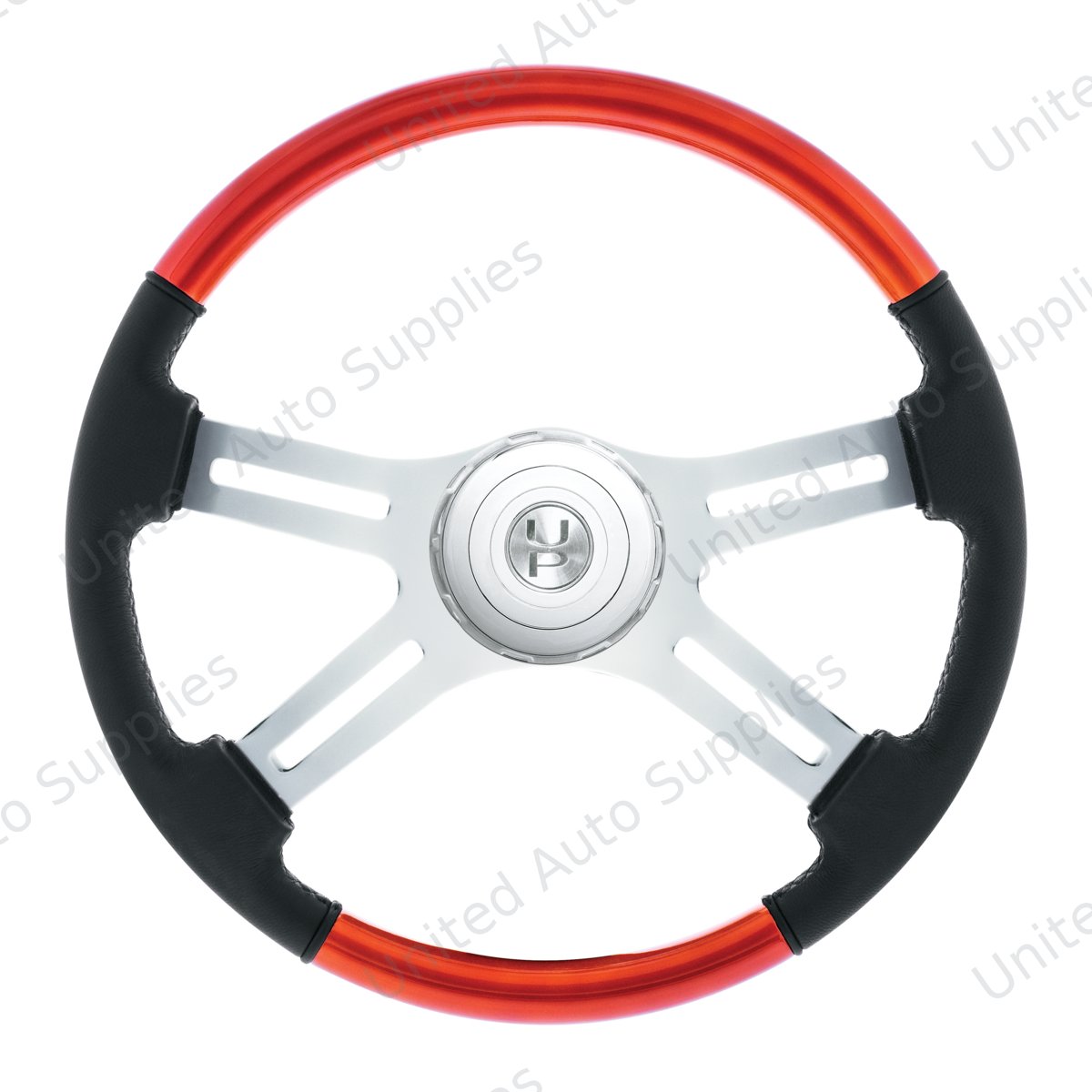 18" Leather & Wood Candy Color 4 Spoke Steering Wheel With Chrome Horn Bezel-Cadmium Orange