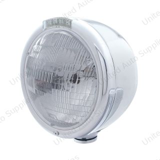 Stainless Steel Classic Half Moon Headlight H6024 Bulb & LED Turn Signal - Clear Lens