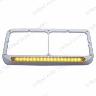Chrome Rectangular Dual Headlight Bezel With 19 LED Light Bar - Amber LED/Amber Lens