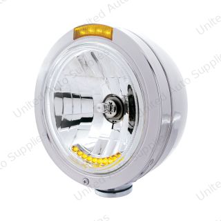 Stainless Steel Bullet Classic Headlight H4 With 10 Amber LED & Dual Mode LED Signal - Amber Lens