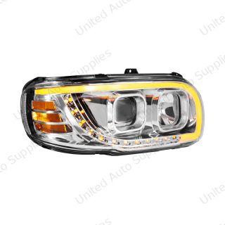 Chrome Projection Headlight With LED Turn Signal & Light Bar For 2008-2024 Peterbilt 389-Passenger