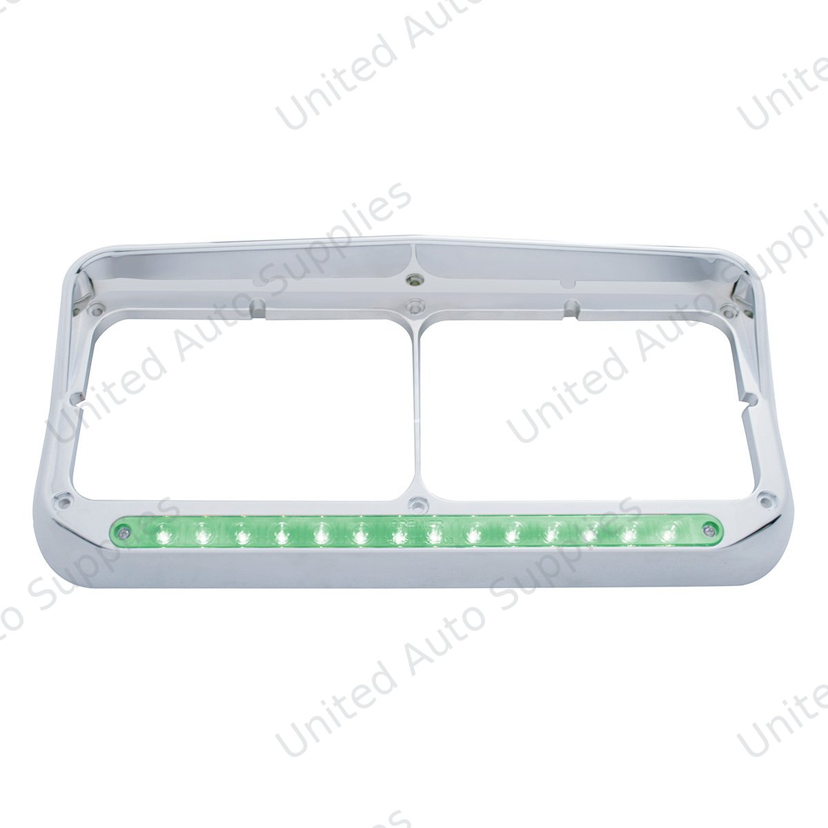 14 LED Chrome Rectangular Dual Headlight Bezel With Visor - Green LED/Clear Lens