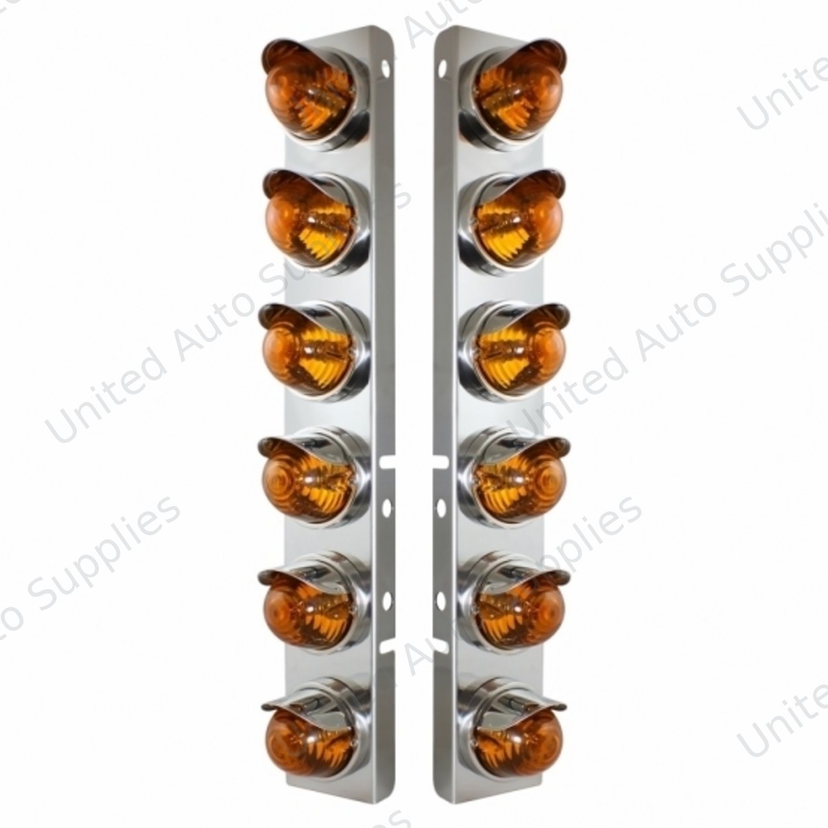 SS Front Air Cleaner Bracket With 12X Glass Beehive Lights & SS Visors For Peterbilt-Amber Lens