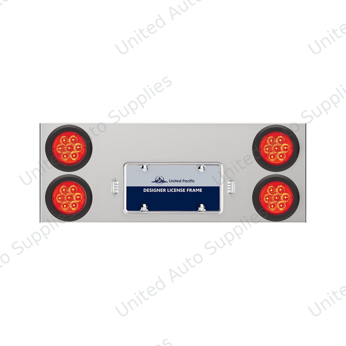 33-3/4" Stainless Rear Center Panel With Four 7 LED 4" Reflector Lights & Grommets - Red LED/Red Lens