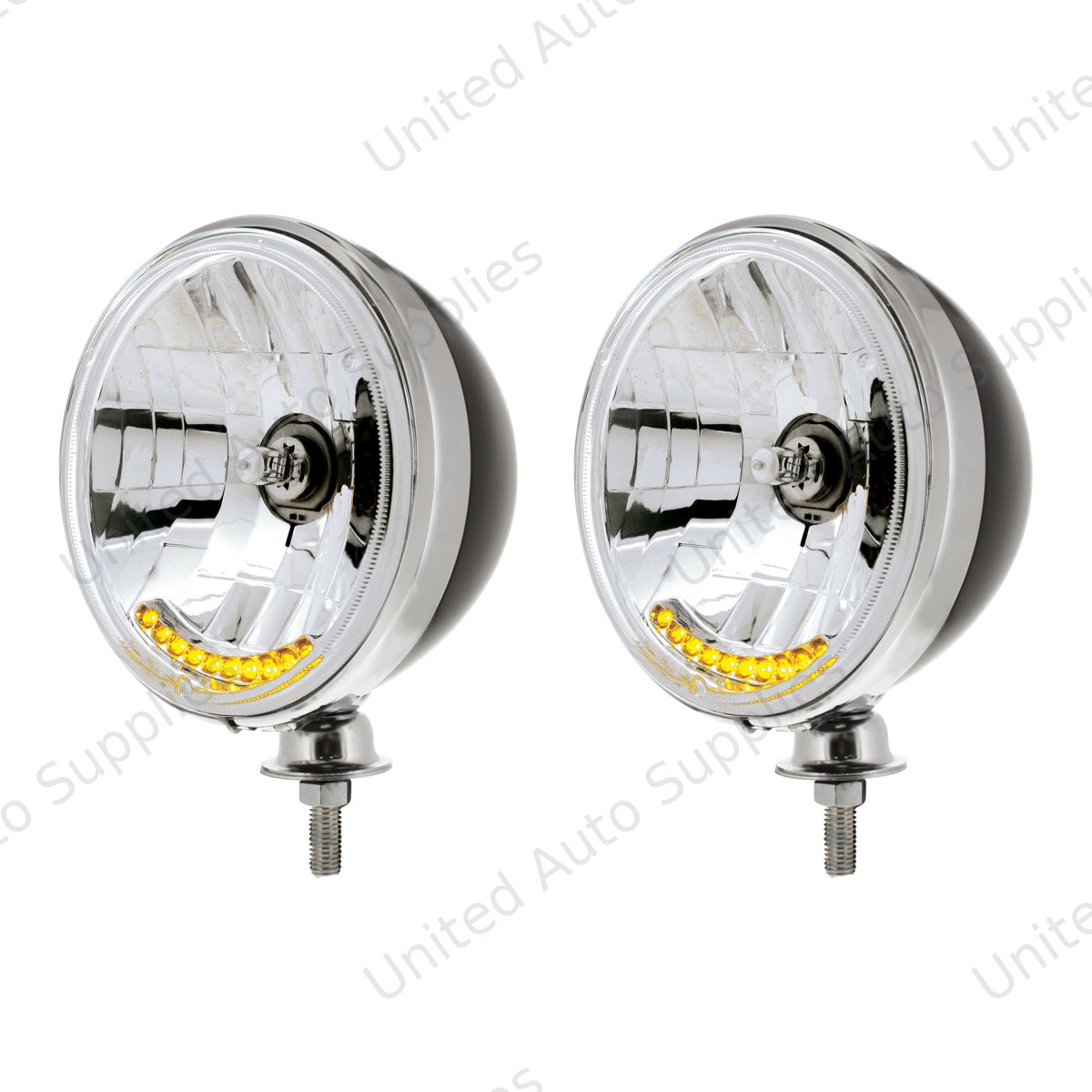7" Black Dietz Style Headlight Housing & Chrome Rim With 12 Volt Crystal Halogen Bulb & 10 Amber LED (Pair)