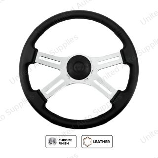 18" Black Leather Rim 4 Spoke Steering Wheel With Chrome Horn Bezel and Horn Button