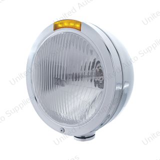Stainless Steel Bullet Classic Headlight H4 Bulb & LED Turn Signal - Amber Lens