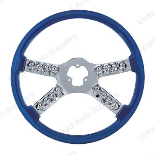 18" Chrome Steering Wheel With Skull Accent - Blue