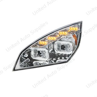 Chrome 10 LED Projector Headlight With LED Sequential Turn & DRL For 2018-2024 Freightliner Cascadia - Driver
