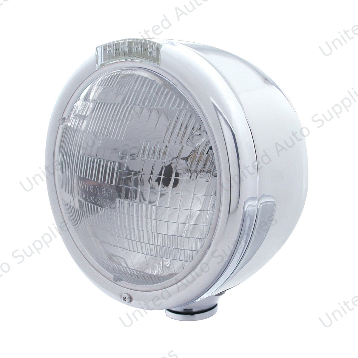 Stainless Steel Classic Half Moon Headlight H6024 Bulb & LED Turn Signal - Clear Lens