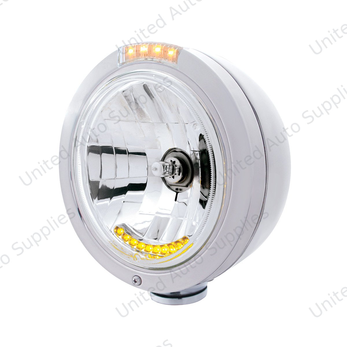 Stainless Steel Bullet Classic Headlight H4 With 10 Amber LED & LED Signal - Clear Lens