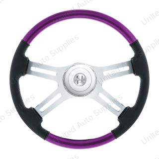 18" Leather & Wood Candy Color 4 Spoke Steering Wheel With Chrome Horn Bezel-Candy Purple