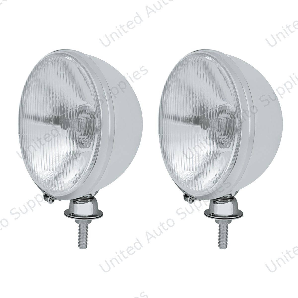 7" Chrome Kingbee Style 12V Headlight With Flat Halogen H4 Bulb (Pair)