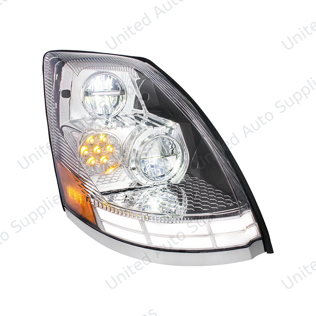 Chrome LED Headlight With Dual Color LED Light Bars For 2003-2017 Volvo VN/VNL - Passenger
