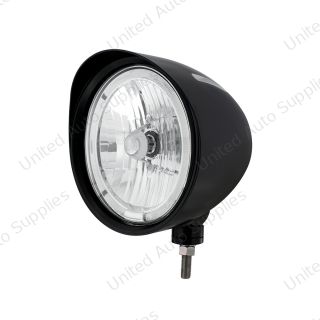 Black "Billet" Style Groove Headlight With Visor 9007 Bulb With Amber LED Halo Rim