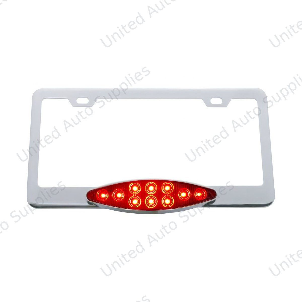 Chrome License Plate Frame With 10 LED Cats Eye Light - Red LED/Red Lens