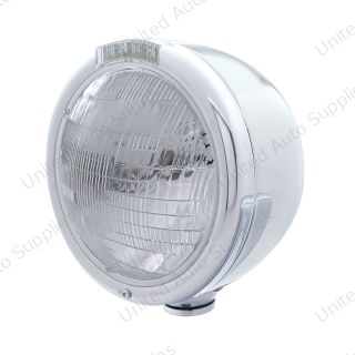 Stainless Steel Classic Half Moon Headlight 6014 Bulb & LED Turn Signal - Clear Lens