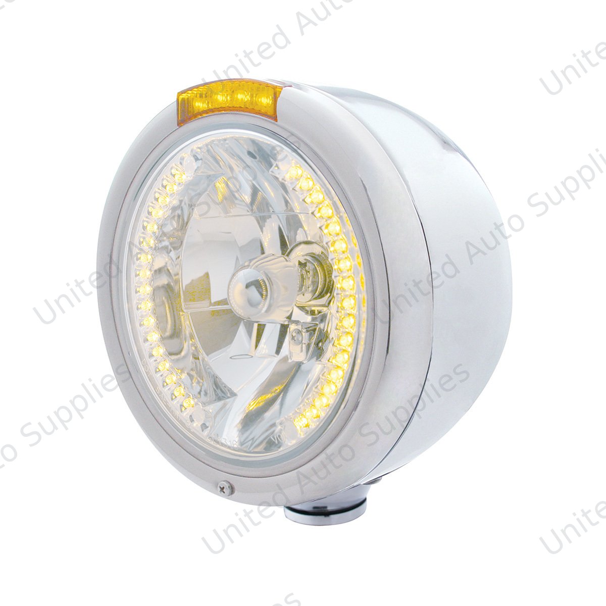Stainless Steel Classic Half Moon Headlight H4 With Amber LED & Dual Mode LED Signal-Amber Lens