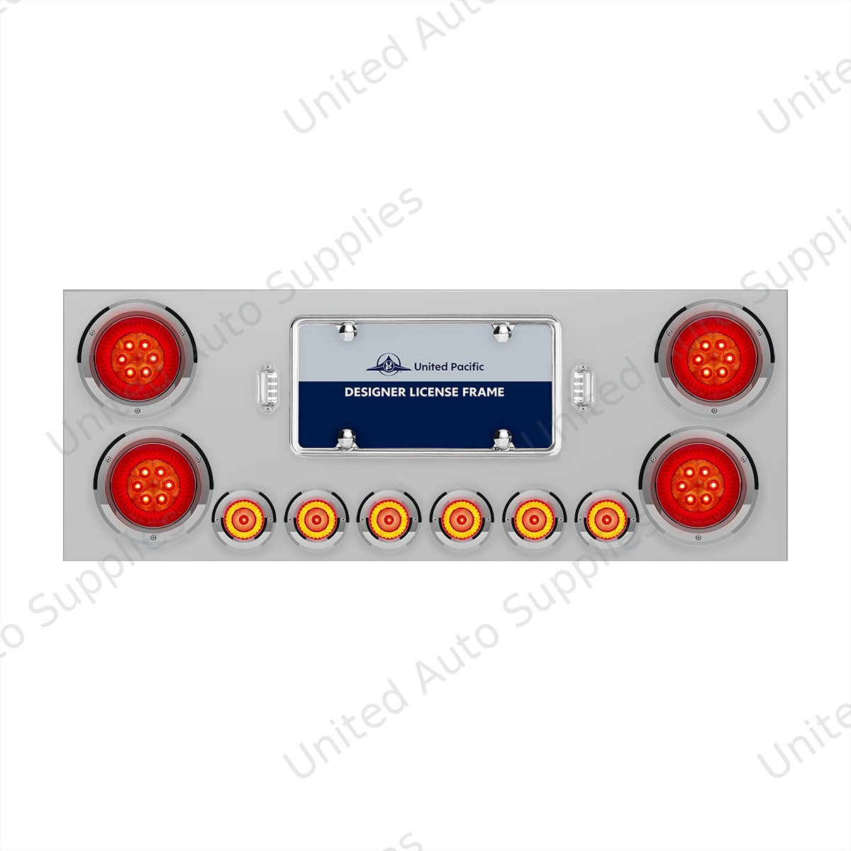 SS Rear Center Panel With Four 16 LED 4" Turbine Light & Six 7 LED 2" Lights & Bezels-Red LED/Red Lens