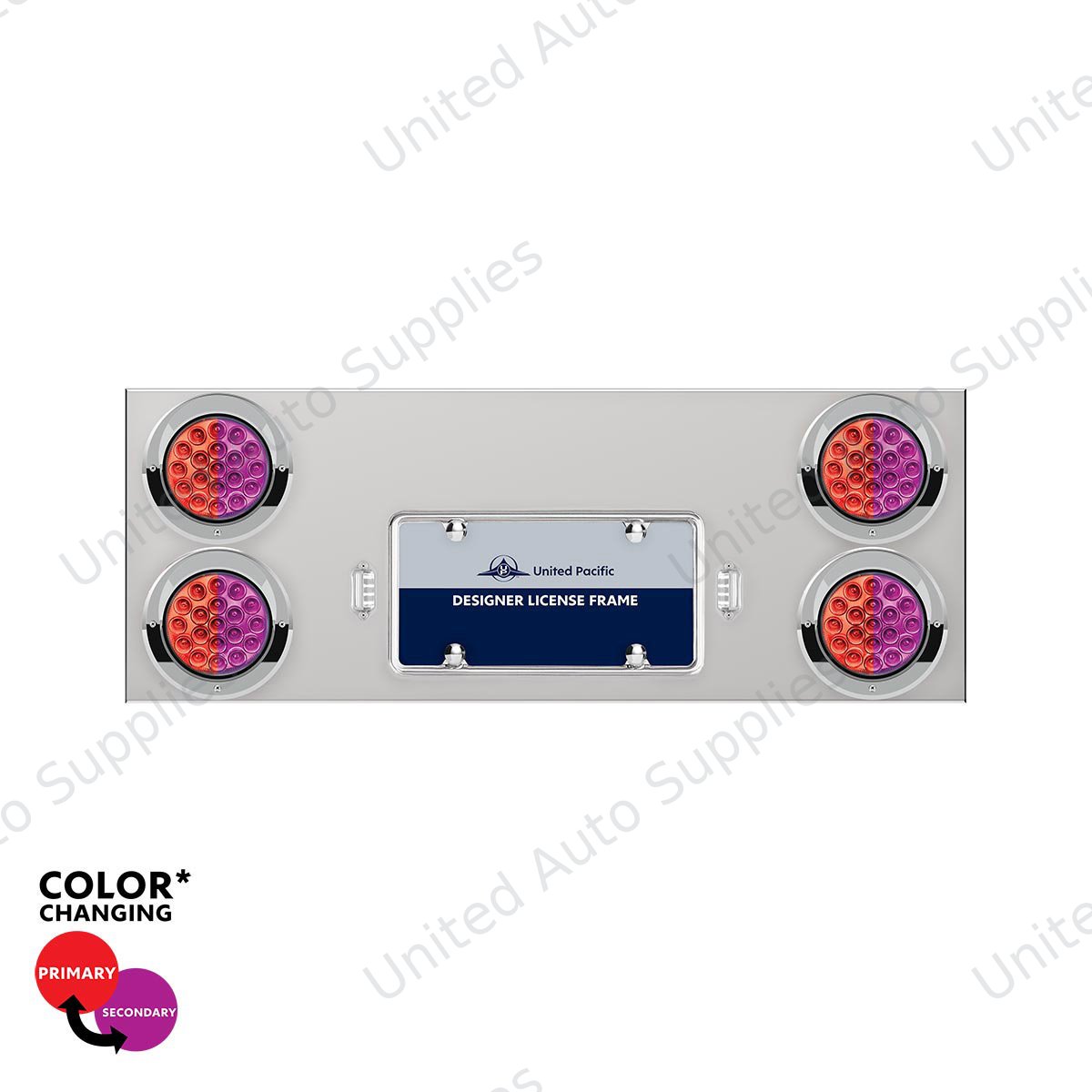 33-3/4" SS Rear Center Panel With 4X 19 LED 4" Double Fury Lights & Visors-Red & Purple LED