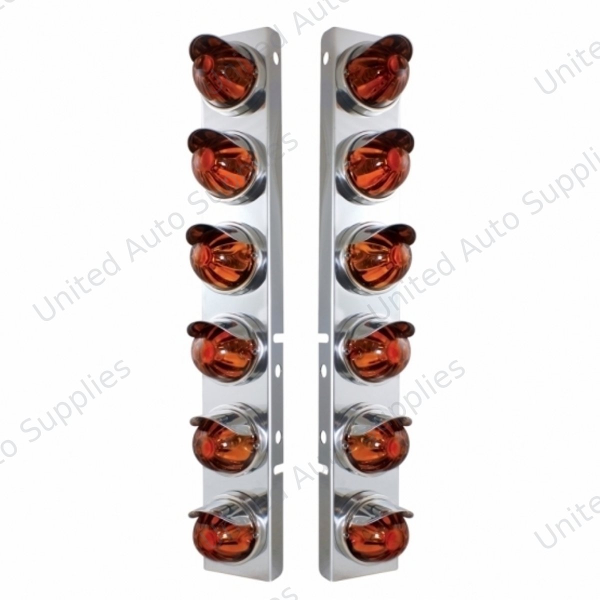 SS Front Air Cleaner Bracket With 12X Glass Watermelon Lights & SS Visors For Peterbilt-Dark Amber Lens