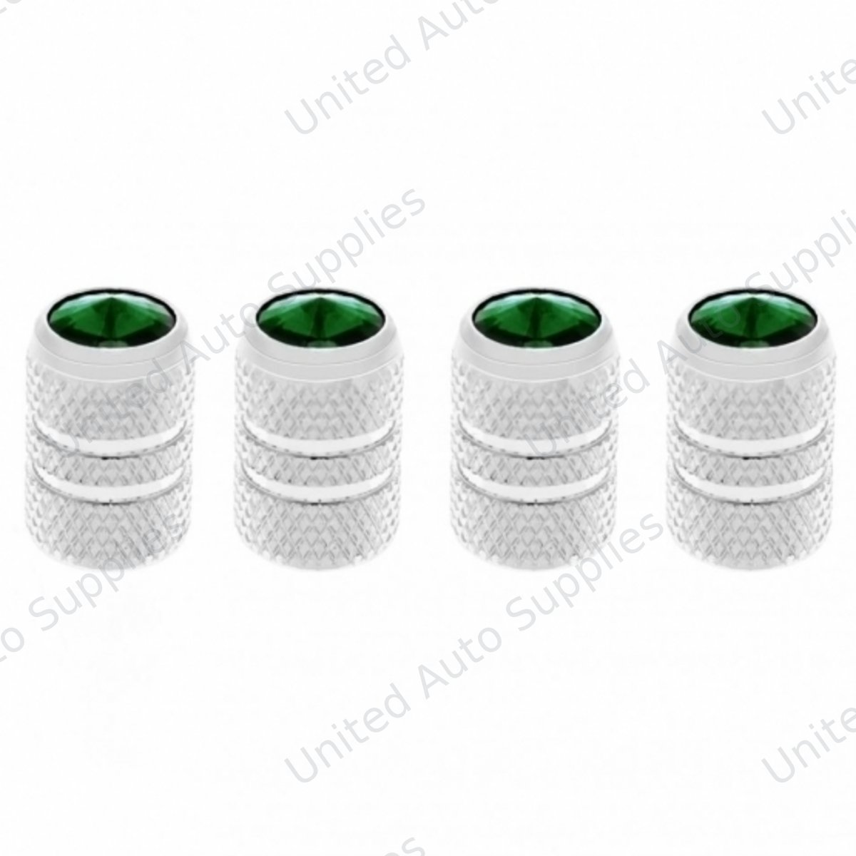Chrome Tubular Valve Caps With Green Crystal (Set of 4)