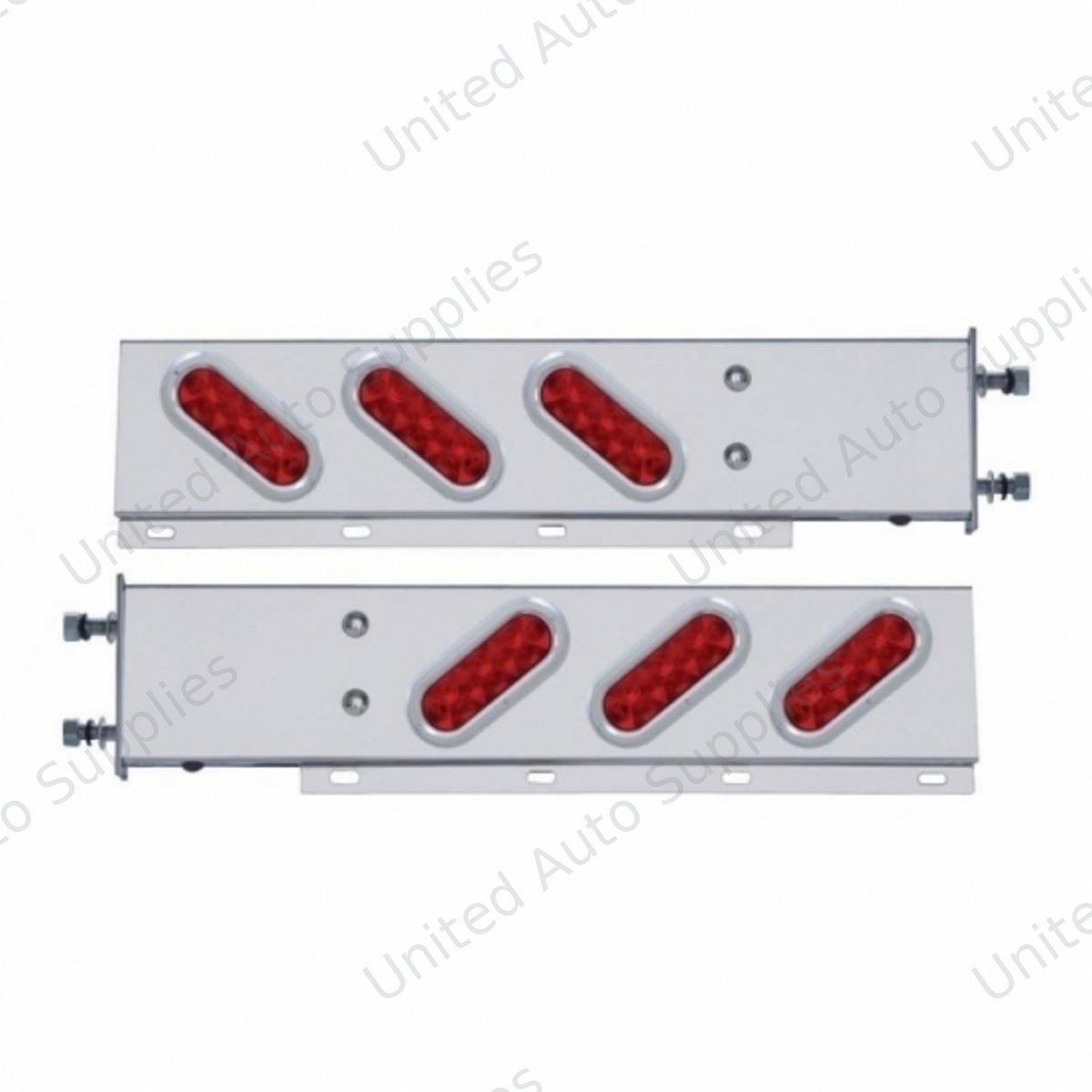 3-3/4" Bolt Pattern SS Spring Loaded Bar With 6 Oval 10 LED Lights & Bezel -Red LED & Lens (Pair)