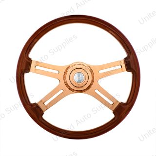 18" Rose Gold 4 Spoke Steering Wheel With Horn Button & Bezel-Wood Grain
