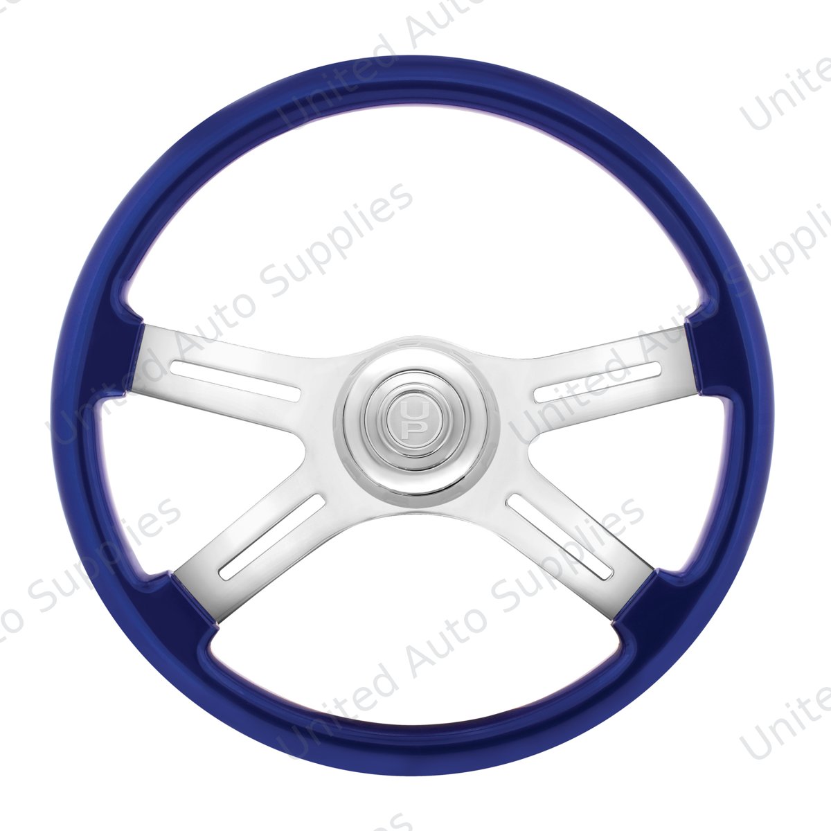18" Candy Color 4 Spoke Steering Wheel With Chrome Horn Bezel And Horn Button-Indigo Blue