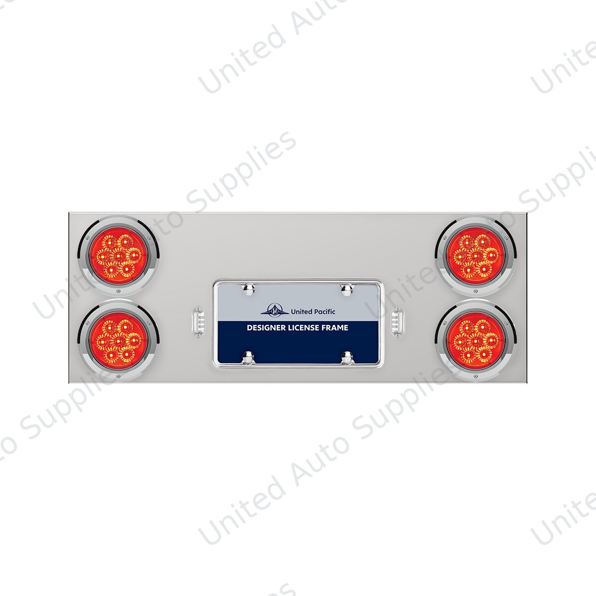 33-3/4" Stainless Rear Center Panel With Four 7 LED 4" Reflector Lights & Bezels - Red LED/Red Lens
