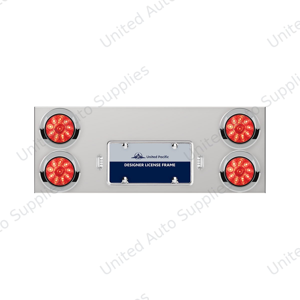 33-3/4" Stainless Rear Center Panel With Four 10 LED 4" Lights & Visors - Red LED/Red Lens