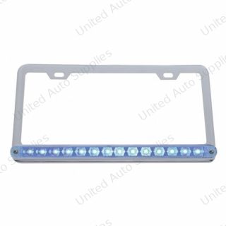 Chrome License Plate Frame With 14 LED 12" Light Bar - Blue LED/Clear Lens