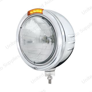 Stainless Steel Bullet Embossed Stripe Headlight H6024 & Dual Mode LED Signal - Amber Lens