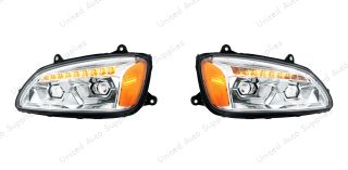 Bundle (2pcs): LED Chrome Projection Headlight With Sequential Turn Signal For 2008-2017 Kenworth T660-Driver and Passenger