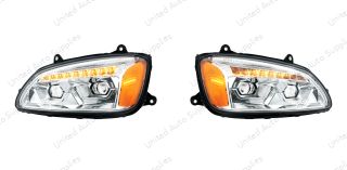 Bundle (2pcs): LED Chrome Projection Headlight With Sequential Turn Signal For 2008-2017 Kenworth T660-Driver and Passenger